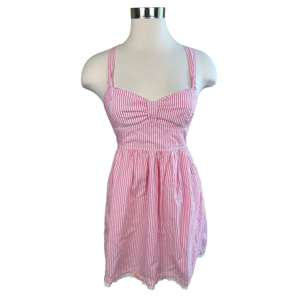 VTG Abercrombie & Fitch Y2K Mini Dress Womens Babydoll Pink Stripe Cross Back S